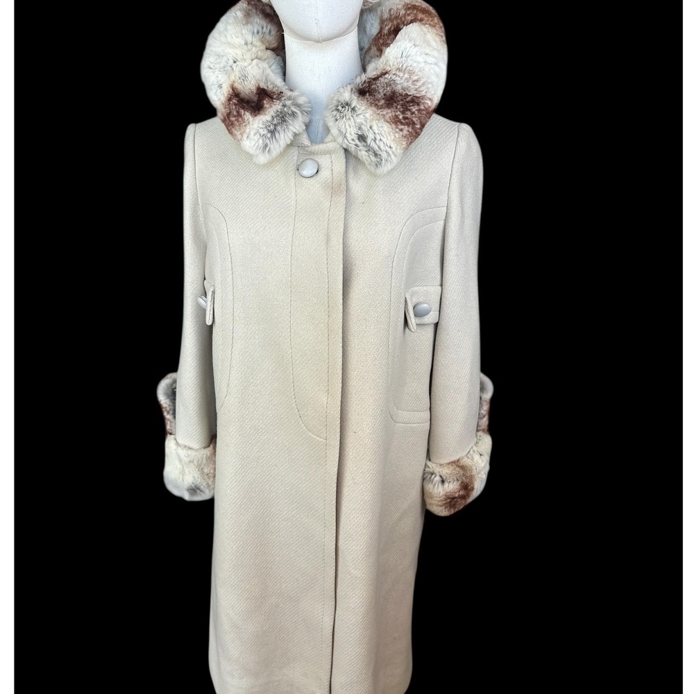 Vintage ILGWU Wool,Rabbit Fur Trim Coat Medium Cream Brown Union Made 60s Jacket